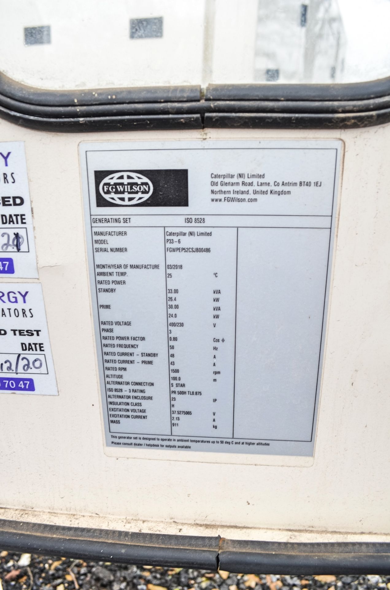 FG Wilson P33-6 33 kva diesel driven generator Year: 2018 S/N: FGWPEP52CSJB00486 Recorded Hours: - Image 9 of 9