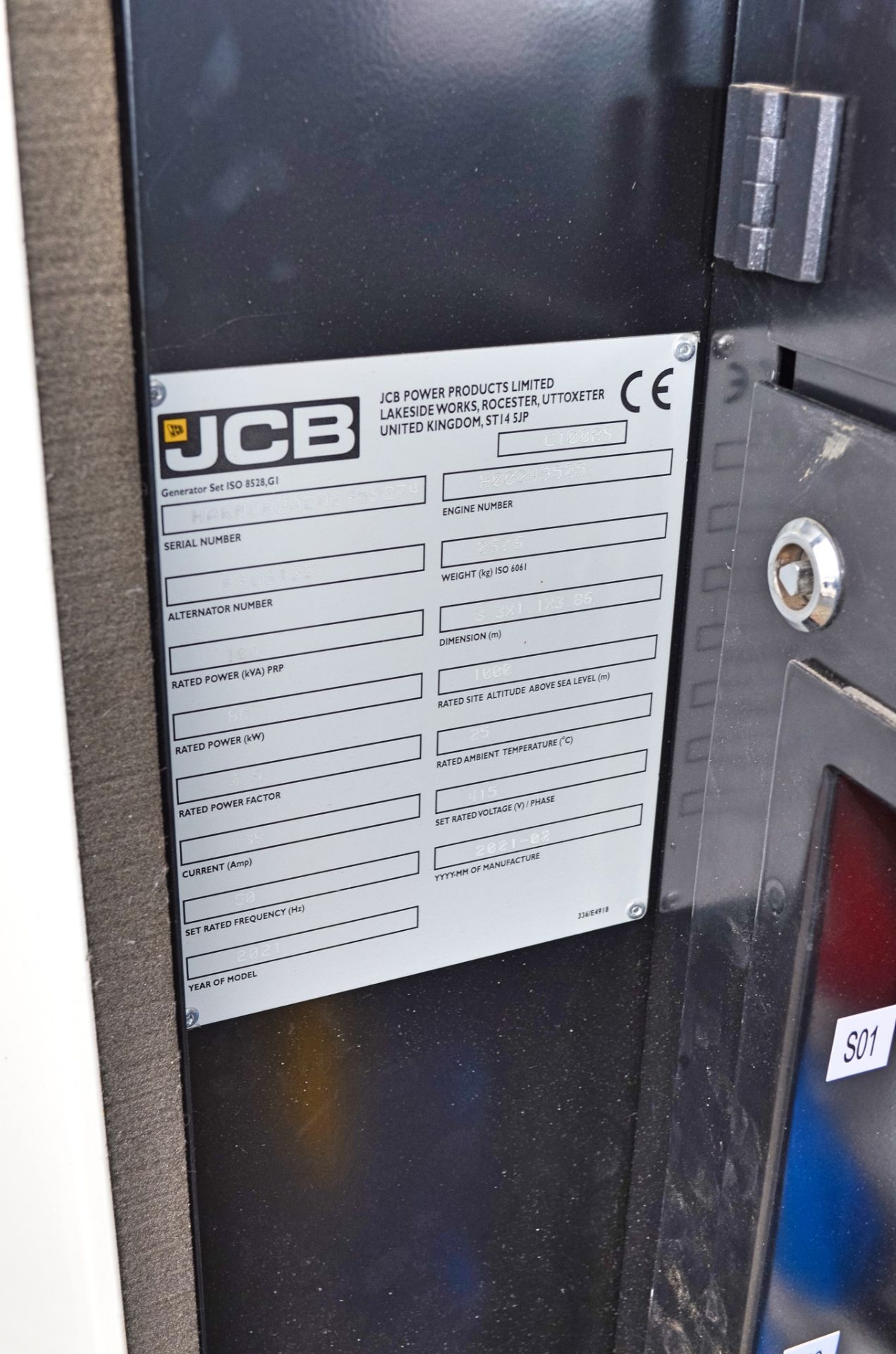 JCB G100 RS 100 kva diesel driven generator Year: 2021 S/N: 2959274 Recorded Hours: 1001 - Image 12 of 12