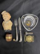 OCEAN LINER: Mauretania rubberoid sailor doll, Mauretania decking barrel, deck bolt removed from a
