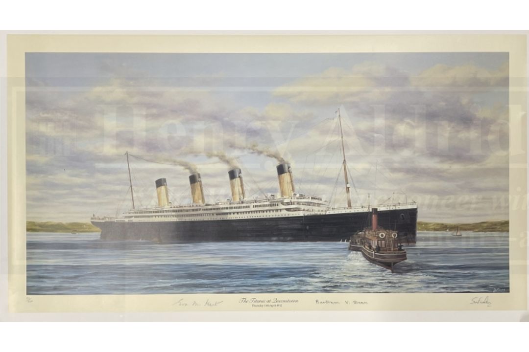 R.M.S TITANIC: Simon Fisher limited edition print The Titanic at Queenstown signed by survivors