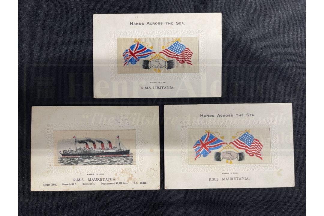 OCEAN LINER: R.M.S. Mauretania and R.M.S. Lusitania silk postcards, all postally used.