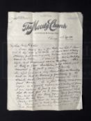 R.M.S. TITANIC: THE PASTOR JOHN HARPER ARCHIVE. Superb three page letter handwritten by John