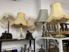 Lighting: Selection of five lamps. Two figural young women with geese, grandfather reading to