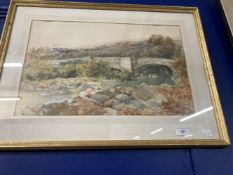 20th cent. British School: Bridge Over River, watercolour on paper, indistinct signature. 19ins. x