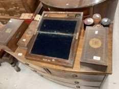19th cent. Mahogany writing slope with brass inlay, two small mahogany sewing boxes, pen box, and
