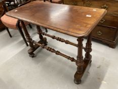 19th cent. Mahogany hall table on turned supports and stretcher on bun feet. 39ins. x 18¼ins. x 28½