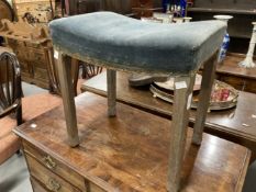 1953 limed oak Queen Elizabeth II Coronation stool blue velvet covered shaped seat on straight