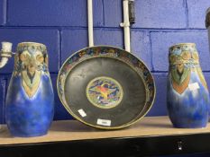 19th cent. Ceramics: Losol ware tapestry bowl on circular base, black ground with multicoloured