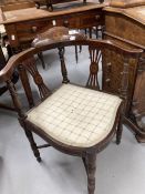 Edwardian inlaid mahogany corner chair with cross stretchers.