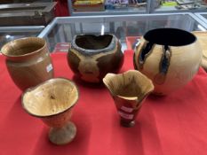 20th cent. Studio Treen: Bowls, laburnum 8ins, Wych elm 5½ins, ash vase 8ins, yew vase 6ins,