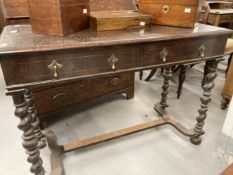 19th cent. Carolean reproduction hall table with twin drawers, brass teardrop handles on twist