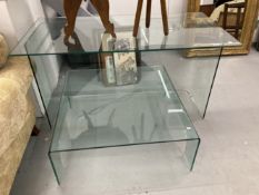 Art & Design: Retro clear glass desk. 55ins. x 28ins. x 29ins. Plus a glass coffee table. 34ins. x