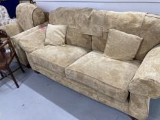 20th cent. Upholstered settee and armchair. Tuscany model, the settee 7ft. x 37ins. Chair 41ins. x