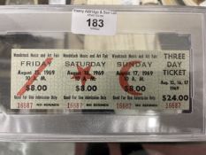 Music/Iconic Festivals: Woodstock August 1969. Three day Admission Ticket No. 16687 August 15-16-17.