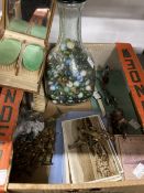 Hallmarked Silver: Three clothes brushes, glass decanter full of 19th and 20th century marbles,