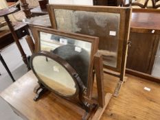 19th cent. Toilet mirrors, rectangular mirror with reeded uprights and brass finials, small oak