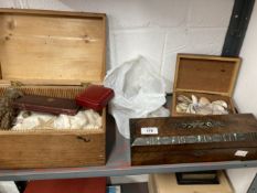 19th cent. Amboyna box containing shells, a pine box with shells, a walnut box with mother of