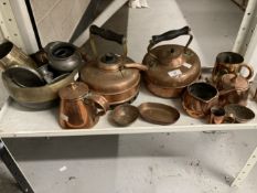19th/20th cent. Metalware: Copper kettles x 2, chocolate and other pots, decorative mugs x 2, dishes