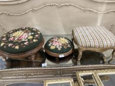 Late 19th cent. Mahogany upholstered footstools, one circular stool 15ins, the other 11½ins, and a