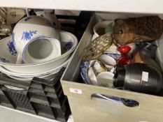 Ceramics: Two blue and white jug and bowls, chamber pots, two pottery jugs, two boxes, a brass