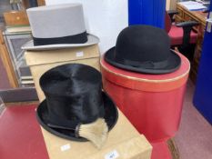 Gentlemen's Millinery: Grey morning top hat, silk top hat, both Austin Reed, and a bowler hat