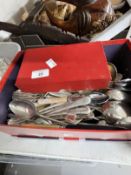 Platedware: Large selection of silver plate flatware in box.