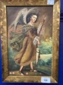 Cuzco School: Archangel Raphael oil painting, framed. 7¼ins. x 11¼ins.