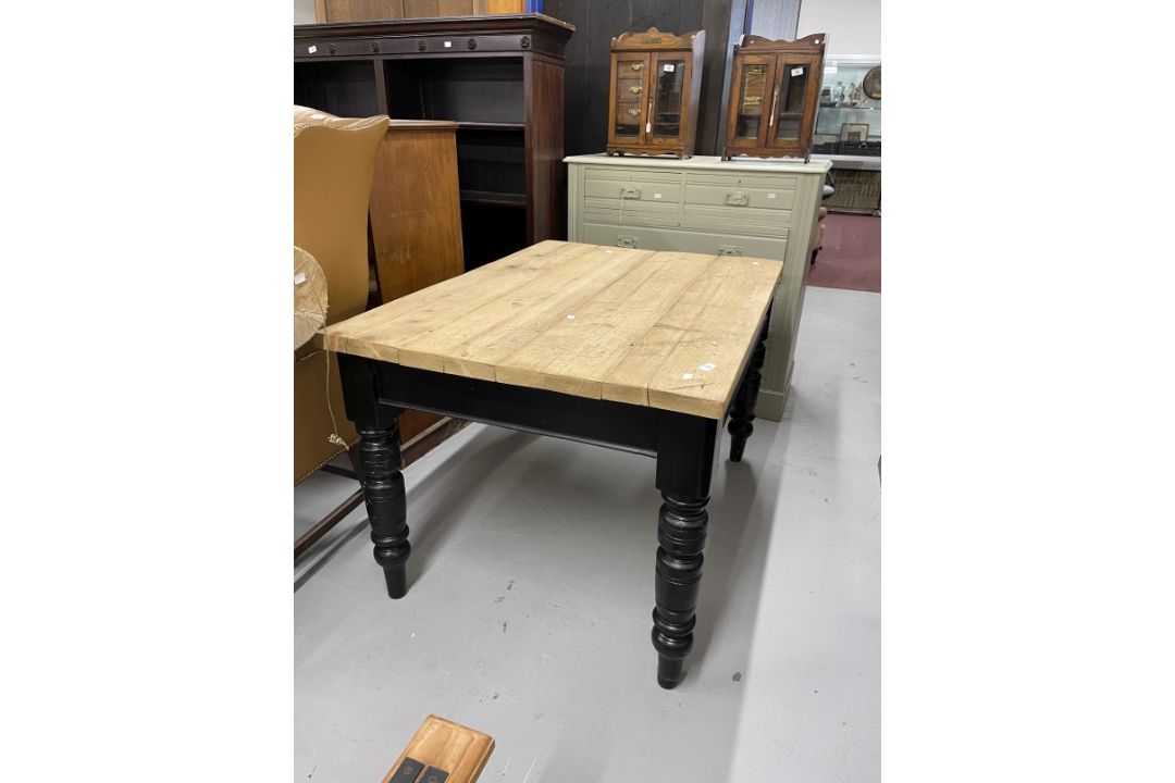 Edwardian painted oak table base with later top and small drawer. 46½ins. x 34ins. x 29ins. - Image 1 of 6