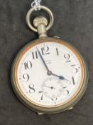 Watches: Goliath Steel pocket watch signed Rowell of London, slight chip to the enamel face. Dia.