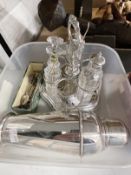 Silver Plate: Condiments stand with pepperette, salt cellar and mustard pot, a cocktail shaker