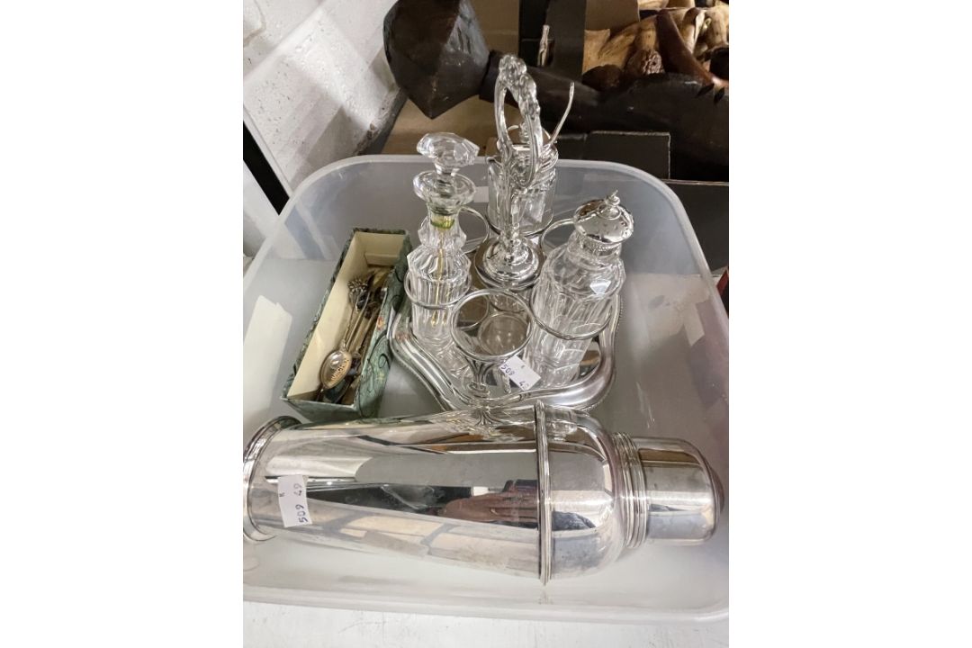 Silver Plate: Condiments stand with pepperette, salt cellar and mustard pot, a cocktail shaker