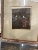 Chinese School: Watercolour, two figures, one with horse and mountains to the background, framed and