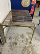 19th cent. Wrought iron slat work garden table on four straight legs with corner brackets, old green