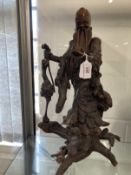 19th cent. Qing Dynasty carved rootwood figure of Shoulao shown standing holding a staff and a peach