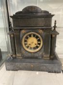 Clocks: 19th cent. Slate mantel clock retailed by Haslehurst of Devizes with stylised Neo-