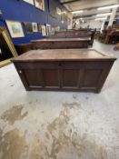 18th cent. Oak coffer single panel to the top, four panelled front, replaced hinges. 48ins. x 22½