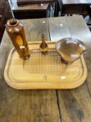 20th cent. Studio Treen: Mick Jarvis yew wood elegant vase 10ins, yew wood vase 6ins, toadstool