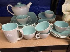 Poole: Art Deco style six place tea set in a blue/grey palette.