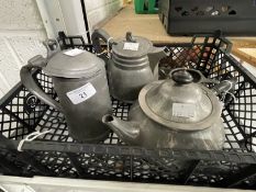 Metalware: Pewter, Tudric, Liberty & Co teapot, plus period pewter coffee pot, milk jug and sugar