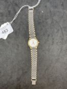 Watches: Longines stainless steel and gold plated bracelet watch, with white dial.