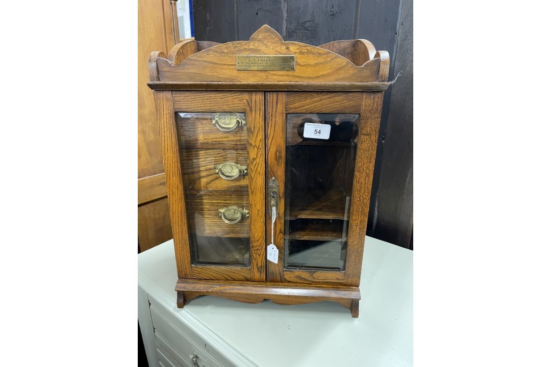 20th cent. Oak smokers companion glazed door, fitted interior of three drawers, pipe rack, storage - Image 1 of 7