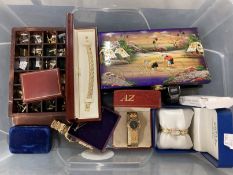 20th cent. Costume Jewellery: Watches, yellow metal necklaces, paste crucifix, earrings,