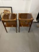 20th cent. Mahogany inlaid and crossbanded bedside tables single drawer above a shelf on square