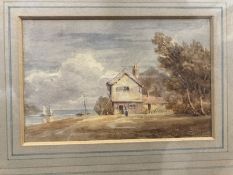 19th cent. Continental School: Watercolour land and lakeside scene. 12ins. x 10ins.