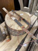 20th cent. African carved hardwood table with round top. 19¾ins. high, three African drums, spear,