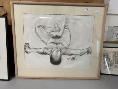English School: Pencil and charcoal, nude man signed bottom right, framed and glazed. 22½ins. x 17¾
