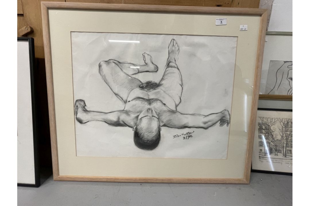 English School: Pencil and charcoal, nude man signed bottom right, framed and glazed. 22½ins. x 17¾ - Image 1 of 3