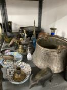 20th cent. Ethnic Metalware: Bucket, squirrel nutcrackers, birds, enamel bowl and saucer.