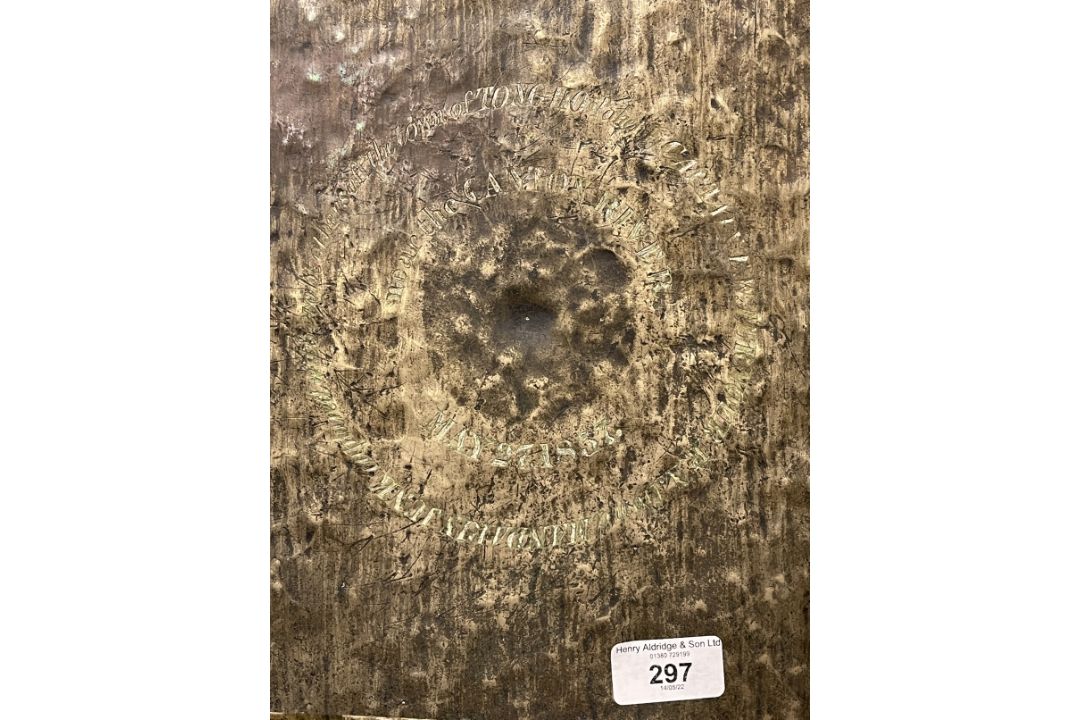 19th cent. Chinese bronze gong with engraved inscription to the centre. Dia. 17ins. From a - Image 1 of 4