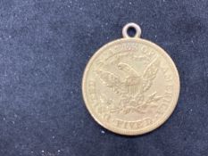 Coins: Gold US Coronet Head, Half Eagle 5 Dollars 1878 with mount ring. 8.5g.